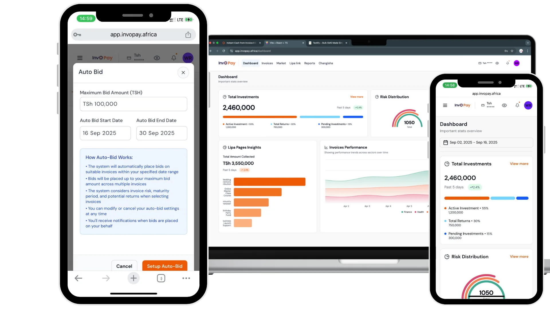 InvoPay dashboard showing invoices available for investment